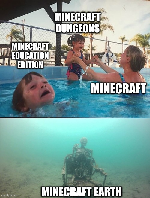 Is this accurate? | MINECRAFT DUNGEONS; MINECRAFT EDUCATION EDITION; MINECRAFT; MINECRAFT EARTH | image tagged in drowning kid skeleton,minecraft | made w/ Imgflip meme maker