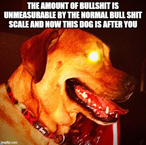 Then Perish Pupper | THE AMOUNT OF BULLSHIT IS UNMEASURABLE BY THE NORMAL BULL SHIT SCALE AND NOW THIS DOG IS AFTER YOU | image tagged in then perish pupper | made w/ Imgflip meme maker