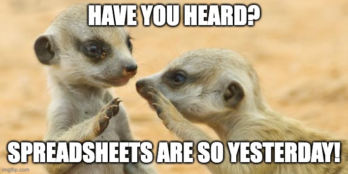 Shhh, Meerkat | HAVE YOU HEARD? SPREADSHEETS ARE SO YESTERDAY! | image tagged in shhh meerkat | made w/ Imgflip meme maker