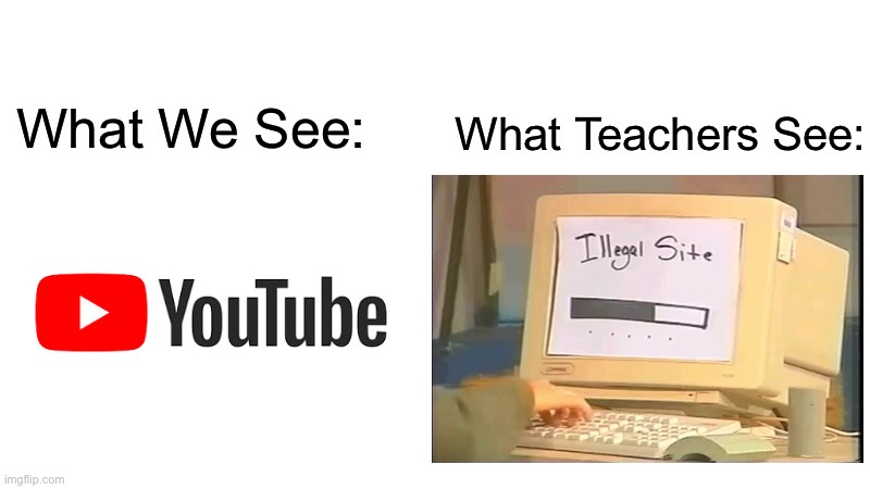Title is Hard | What Teachers See:; What We See: | image tagged in teachers,illegal site,memes,youtube,school,see | made w/ Imgflip meme maker