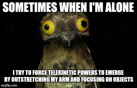 Weird Stuff I Do Potoo Meme | SOMETIMES WHEN I'M ALONE I TRY TO FORCE TELEKINETIC POWERS TO EMERGE BY OUTSTRETCHING MY ARM AND FOCUSING ON OBJECTS | image tagged in memes,weird stuff i do potoo,AdviceAnimals | made w/ Imgflip meme maker