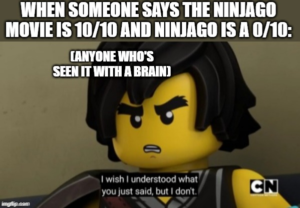 the 1st or 2nd best show with the 1st or 2nd worst movie | WHEN SOMEONE SAYS THE NINJAGO MOVIE IS 10/10 AND NINJAGO IS A 0/10:; (ANYONE WHO'S SEEN IT WITH A BRAIN) | image tagged in i wish i understood what you just said,ninjago | made w/ Imgflip meme maker