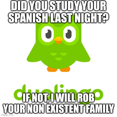 I started playing gartic phone again | DID YOU STUDY YOUR SPANISH LAST NIGHT? IF NOT, I WILL ROB YOUR NON EXISTENT FAMILY | image tagged in duolingo,spanish,class | made w/ Imgflip meme maker