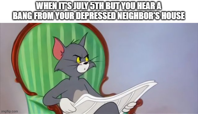Tom Cat Reading a newspaper | WHEN IT'S JULY 5TH BUT YOU HEAR A BANG FROM YOUR DEPRESSED NEIGHBOR'S HOUSE | image tagged in tom cat reading a newspaper,memes,dark humor,hol up,funny | made w/ Imgflip meme maker