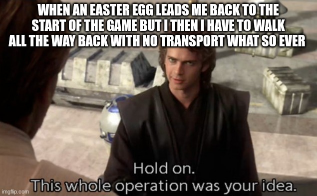 video game meme | WHEN AN EASTER EGG LEADS ME BACK TO THE START OF THE GAME BUT I THEN I HAVE TO WALK ALL THE WAY BACK WITH NO TRANSPORT WHAT SO EVER | image tagged in hold on this whole operation was your idea | made w/ Imgflip meme maker