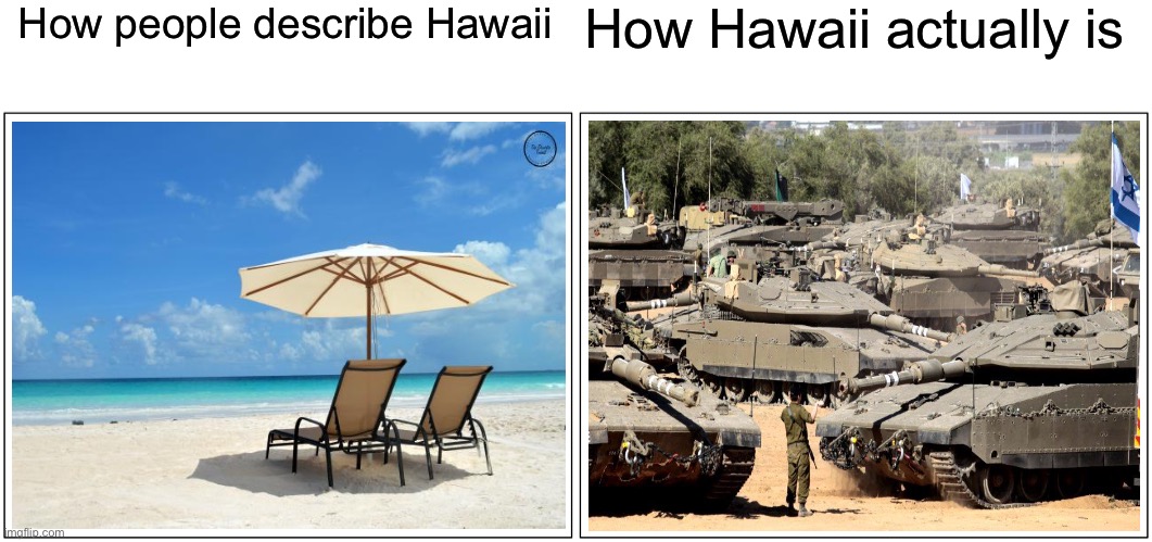 The truth | How people describe Hawaii; How Hawaii actually is | image tagged in memes,blank comic panel 2x1,hawaii,tank | made w/ Imgflip meme maker