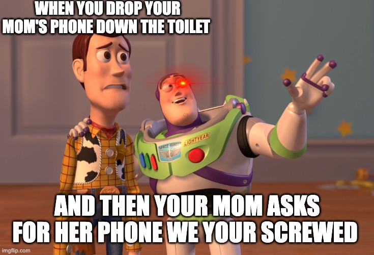 oh shit | WHEN YOU DROP YOUR MOM'S PHONE DOWN THE TOILET; AND THEN YOUR MOM ASKS FOR HER PHONE WE YOUR SCREWED | image tagged in memes,x x everywhere | made w/ Imgflip meme maker