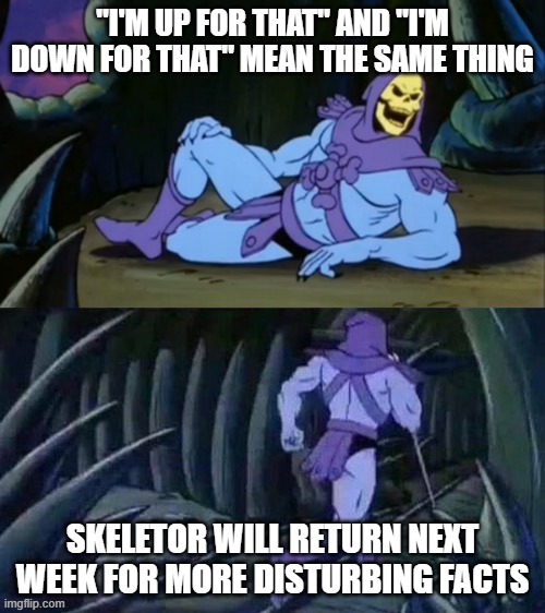   | "I'M UP FOR THAT" AND "I'M DOWN FOR THAT" MEAN THE SAME THING; SKELETOR WILL RETURN NEXT WEEK FOR MORE DISTURBING FACTS | image tagged in skeletor disturbing facts | made w/ Imgflip meme maker