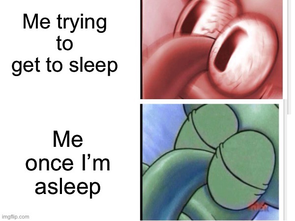 true for people like me that have stress problems | Me trying to get to sleep; Me once I’m asleep | image tagged in squidward sleeping reverse,memes | made w/ Imgflip meme maker