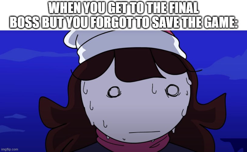 guess i have to start over again... | WHEN YOU GET TO THE FINAL BOSS BUT YOU FORGOT TO SAVE THE GAME: | image tagged in jaiden sweating nervously,save,final boss,boss,video games | made w/ Imgflip meme maker