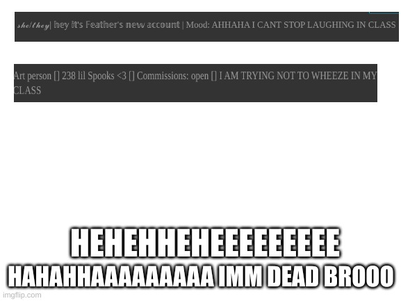 AHHAHAHHAHAA | HAHAHHAAAAAAAAA IMM DEAD BROOO; HEHEHHEHEEEEEEEEE | image tagged in blank white template,ahhhhhhhhhhhhh,hahahaha | made w/ Imgflip meme maker