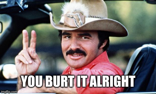 Burt Reynolds | YOU BURT IT ALRIGHT | image tagged in burt reynolds | made w/ Imgflip meme maker