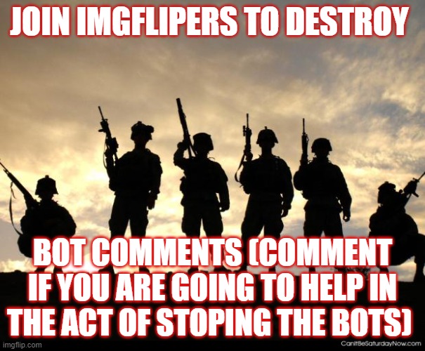 Get rid Of the Bots! | JOIN IMGFLIPERS TO DESTROY; BOT COMMENTS (COMMENT IF YOU ARE GOING TO HELP IN THE ACT OF STOPING THE BOTS) | image tagged in army,bots,imgflippers | made w/ Imgflip meme maker