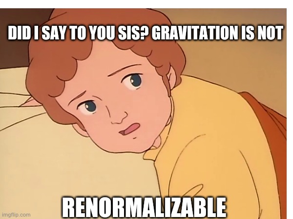 miss amelia | DID I SAY TO YOU SIS? GRAVITATION IS NOT; RENORMALIZABLE | image tagged in wake up | made w/ Imgflip meme maker