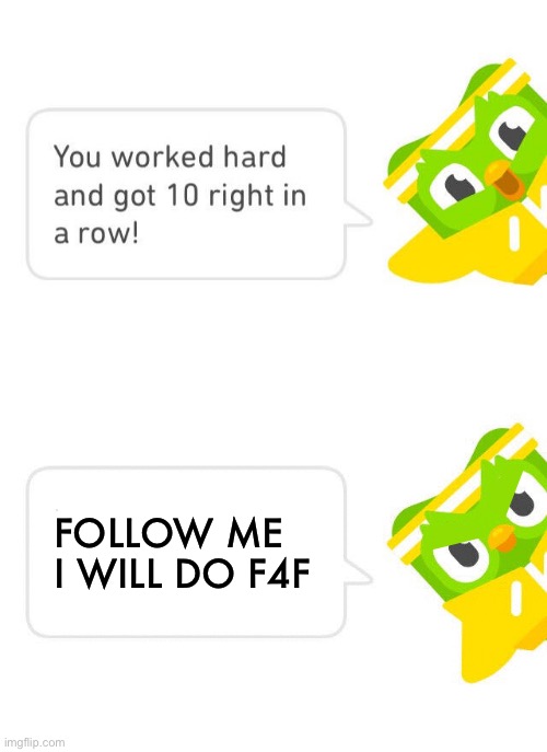 Follow me | FOLLOW ME I WILL DO F4F | image tagged in duolingo 10 in a row | made w/ Imgflip meme maker