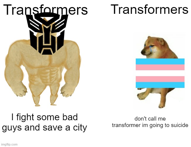 lol | Transformers; Transformers; I fight some bad guys and save a city; don't call me transformer im going to suicide | image tagged in memes,buff doge vs cheems | made w/ Imgflip meme maker