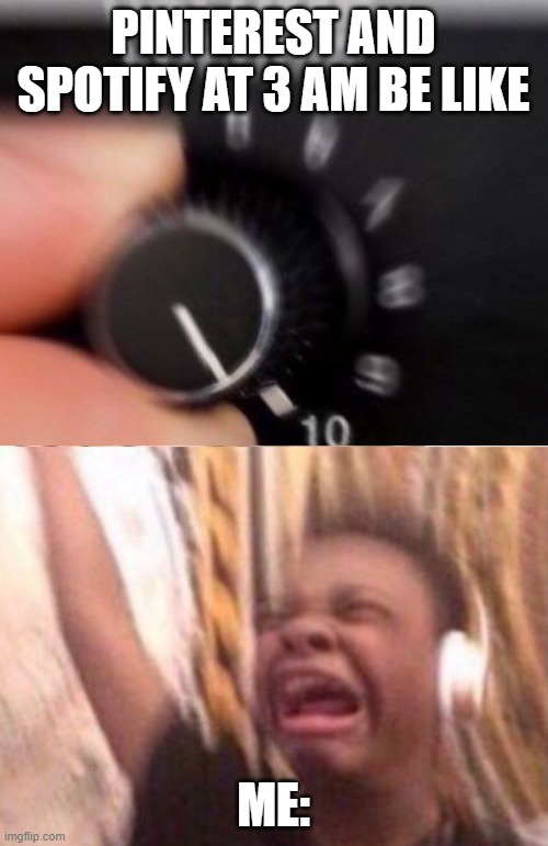 Turn up the volume | PINTEREST AND SPOTIFY AT 3 AM BE LIKE; ME: | image tagged in turn up the volume | made w/ Imgflip meme maker