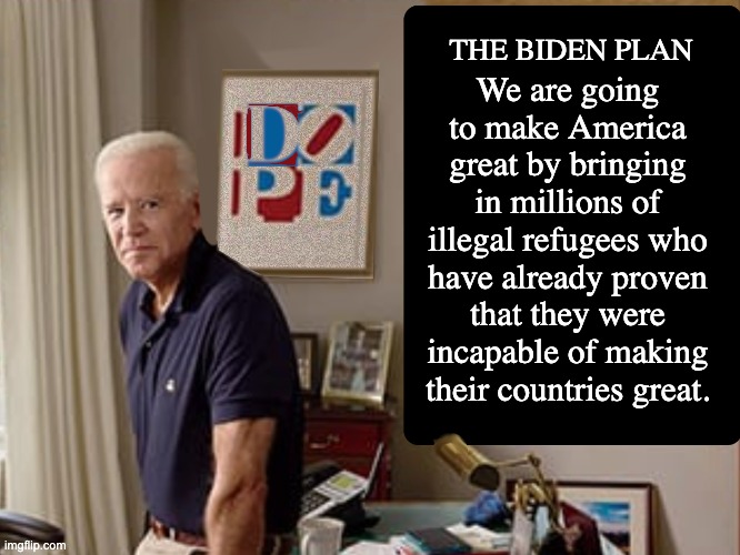 The Logic Is Impeccable | We are going to make America great by bringing in millions of illegal refugees who have already proven that they were incapable of making their countries great. THE BIDEN PLAN | image tagged in let's go brandon,biden,immigration | made w/ Imgflip meme maker