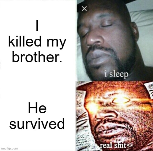 Real shit | I killed my brother. He survived | image tagged in memes,sleeping shaq | made w/ Imgflip meme maker