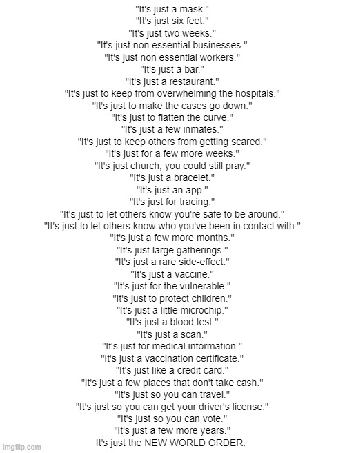 It was just 8 mice | "It's just a mask."
"It's just six feet."
"It's just two weeks."
"It's just non essential businesses."
"It's just non essential workers."
"It's just a bar."
"It's just a restaurant."
"It's just to keep from overwhelming the hospitals."
"It's just to make the cases go down."
"It's just to flatten the curve."
"It's just a few inmates."
"It's just to keep others from getting scared."
"It's just for a few more weeks."
"It's just church, you could still pray."
"It's just a bracelet."
"It's just an app."
"It's just for tracing."
"It's just to let others know you're safe to be around."
"It's just to let others know who you've been in contact with."
"It's just a few more months."
"It's just large gatherings."
"It's just a rare side-effect."
"It's just a vaccine."
"It's just for the vulnerable."
"It's just to protect children."
"It's just a little microchip."
"It's just a blood test."
"It's just a scan."
"It's just for medical information."
"It's just a vaccination certificate."
"It's just like a credit card."
"It's just a few places that don't take cash."
"It's just so you can travel."
"It's just so you can get your driver's license."
"It's just so you can vote."
"It's just a few more years."
It's just the NEW WORLD ORDER. | image tagged in blank white template | made w/ Imgflip meme maker