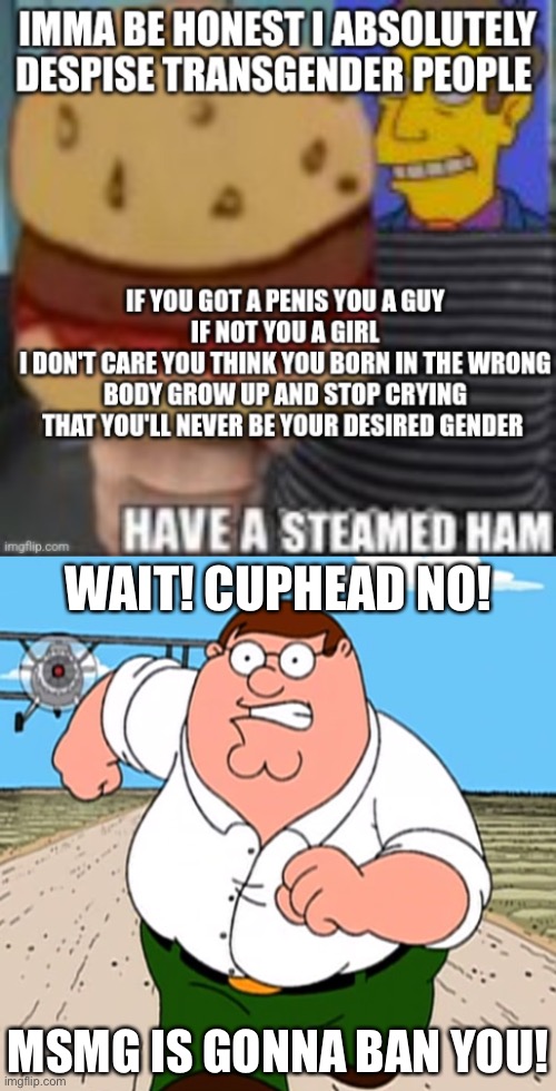 WAIT! CUPHEAD NO! MSMG IS GONNA BAN YOU! | image tagged in peter griffin running away | made w/ Imgflip meme maker
