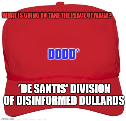 Only Disinformed Dullards need to take offense. | WHAT IS GOING TO TAKE THE PLACE OF MAGA? DDDD*; *DE SANTIS' DIVISION OF DISINFORMED DULLARDS | image tagged in blank red maga hat | made w/ Imgflip meme maker