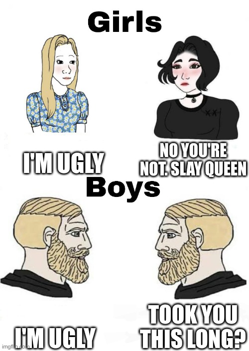 My first meme | I'M UGLY; NO YOU'RE NOT. SLAY QUEEN; TOOK YOU THIS LONG? I'M UGLY | image tagged in girls vs boys | made w/ Imgflip meme maker