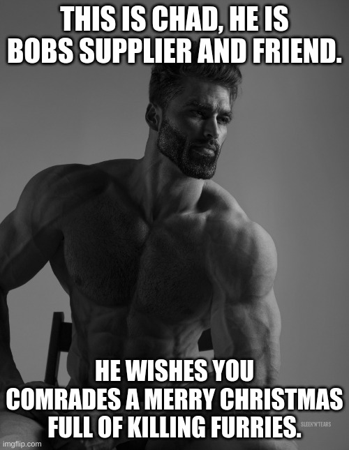 Happy hunting. | THIS IS CHAD, HE IS BOBS SUPPLIER AND FRIEND. HE WISHES YOU COMRADES A MERRY CHRISTMAS FULL OF KILLING FURRIES. | image tagged in giga chad | made w/ Imgflip meme maker