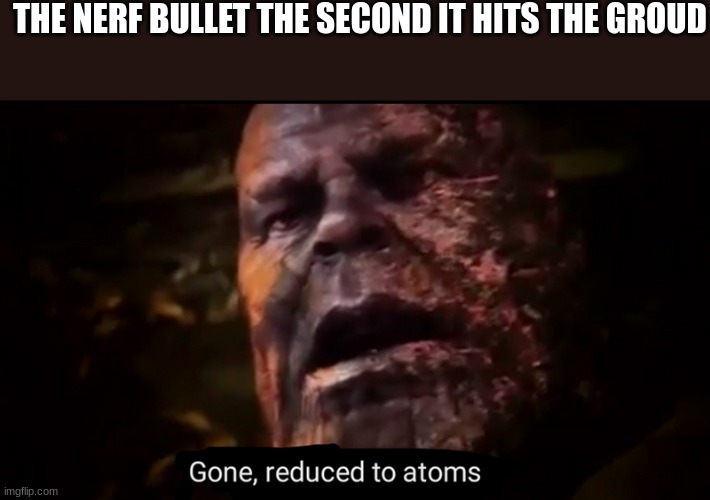 Thanos gone, reduced to atoms | THE NERF BULLET THE SECOND IT HITS THE GROUD | image tagged in thanos gone reduced to atoms | made w/ Imgflip meme maker
