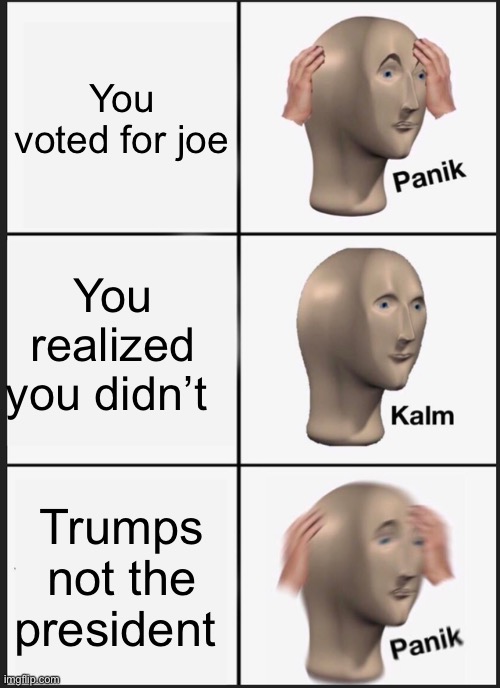 Panik Kalm Panik | You voted for joe; You realized you didn’t; Trumps not the president | image tagged in memes,panik kalm panik | made w/ Imgflip meme maker