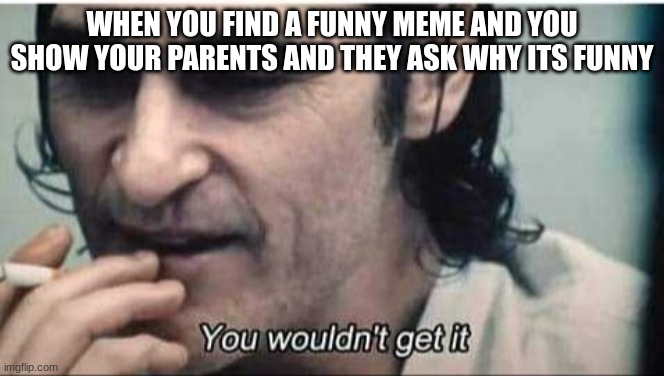 You wouldn't get it | WHEN YOU FIND A FUNNY MEME AND YOU SHOW YOUR PARENTS AND THEY ASK WHY ITS FUNNY | image tagged in you wouldn't get it | made w/ Imgflip meme maker