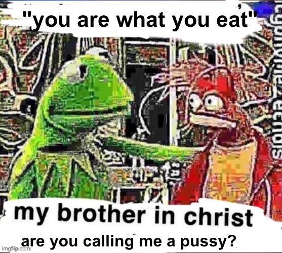 My brother in Christ | "you are what you eat"; are you calling me a pussy? | image tagged in my brother in christ | made w/ Imgflip meme maker