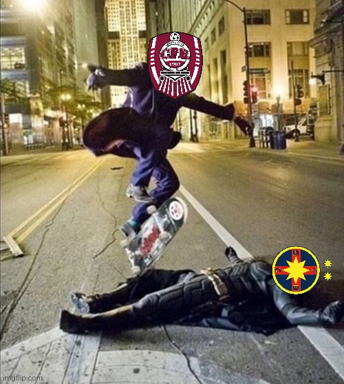 FCSB 0-1 CFR Cluj | image tagged in joker stomps batman with his skateboard,fcsb,steaua,cfr cluj,superliga,fotbal | made w/ Imgflip meme maker