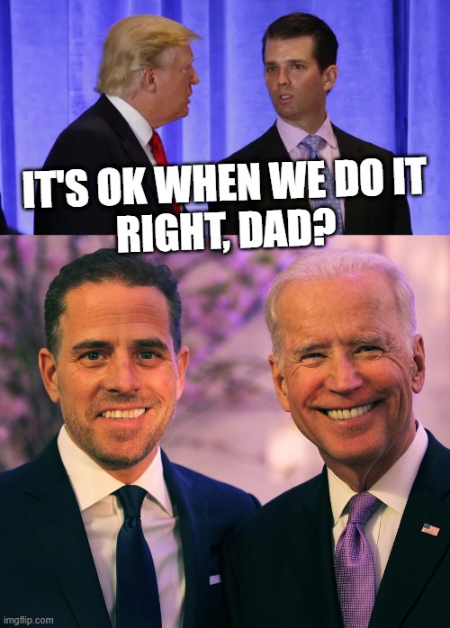 HYPOCRISY ON PARADE | IT'S OK WHEN WE DO IT
RIGHT, DAD? | image tagged in donald trump jr,nepo babies,dont throw stones,when you,live,in glass houses | made w/ Imgflip meme maker