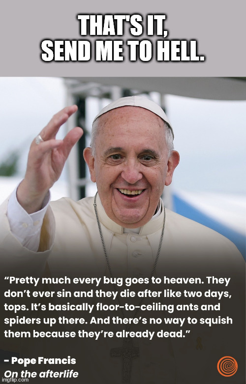 the lesser of two weevils | THAT'S IT, SEND ME TO HELL. | image tagged in bugs,insects,heaven,pope francis,pope,hell | made w/ Imgflip meme maker