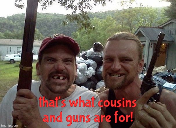 Rednecks with guns | that's what cousins
and guns are for! | image tagged in rednecks with guns | made w/ Imgflip meme maker