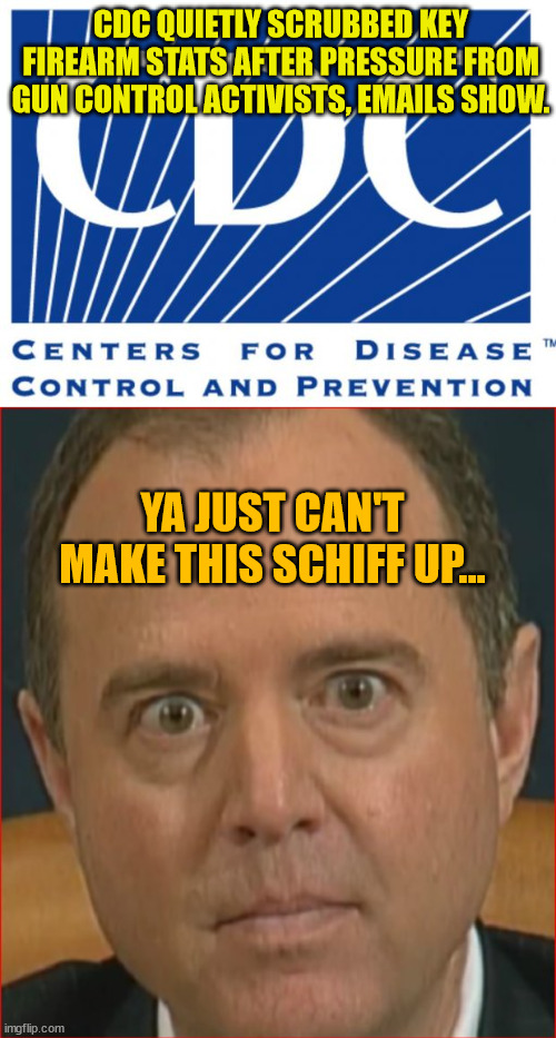 There is not a Fed. govt agency that is not in bed with the left. | CDC QUIETLY SCRUBBED KEY FIREARM STATS AFTER PRESSURE FROM GUN CONTROL ACTIVISTS, EMAILS SHOW. YA JUST CAN'T MAKE THIS SCHIFF UP... | image tagged in cdc,adam schiff,government corruption | made w/ Imgflip meme maker