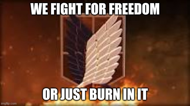 AOT is best | WE FIGHT FOR FREEDOM; OR JUST BURN IN IT | image tagged in wing of freedom | made w/ Imgflip meme maker
