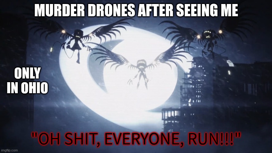 ONLY IN OHIO | MURDER DRONES AFTER SEEING ME; ONLY IN OHIO; "OH SHIT, EVERYONE, RUN!!!" | image tagged in disassembly drones | made w/ Imgflip meme maker