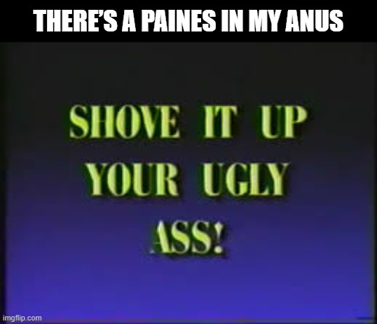 no context needed or wanted | THERE’S A PAINES IN MY ANUS | image tagged in shove it up your ugly ass,cursed,why are you reading this,society,ass | made w/ Imgflip meme maker