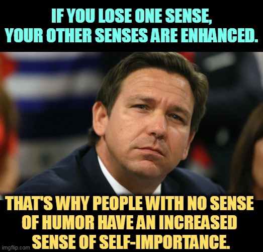 Snotty, angry, pompous pr*ck. | IF YOU LOSE ONE SENSE, YOUR OTHER SENSES ARE ENHANCED. THAT'S WHY PEOPLE WITH NO SENSE 
OF HUMOR HAVE AN INCREASED 
SENSE OF SELF-IMPORTANCE. | image tagged in ron desantis,pompous,sense,pride | made w/ Imgflip meme maker
