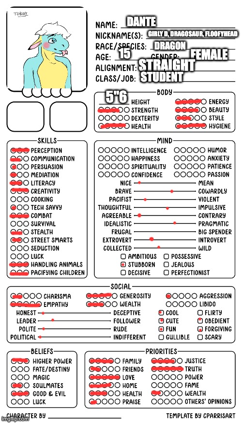 This is Dante my new character. The drawing is from picrew. (mod note: picrew is here https://picrew.me/image_maker/1788467) | DANTE; GIRLY D, DRAGOSAUR, FLOOFYHEAD; DRAGON; 15; FEMALE; STRAIGHT; STUDENT; 5"6 | image tagged in character sheet by cparrisart | made w/ Imgflip meme maker