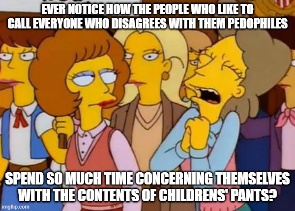 Think Of The Children, Simpsons | EVER NOTICE HOW THE PEOPLE WHO LIKE TO CALL EVERYONE WHO DISAGREES WITH THEM PEDOPHILES; SPEND SO MUCH TIME CONCERNING THEMSELVES WITH THE CONTENTS OF CHILDRENS' PANTS? | image tagged in think of the children simpsons | made w/ Imgflip meme maker