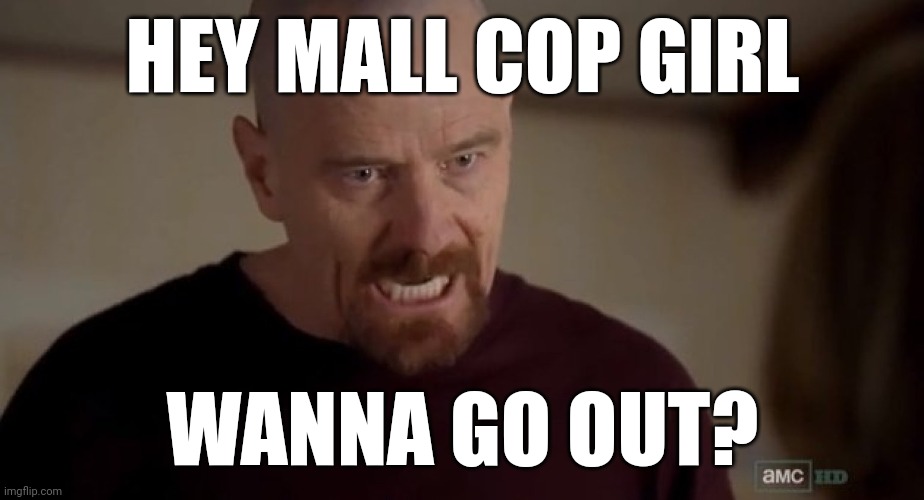 Walter white | HEY MALL COP GIRL; WANNA GO OUT? | image tagged in i am the one who knocks | made w/ Imgflip meme maker