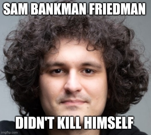 Too soon? | SAM BANKMAN FRIEDMAN; DIDN'T KILL HIMSELF | image tagged in sam bankman fried,ftx,crypto currency,eppstien,global corruption,democrats | made w/ Imgflip meme maker
