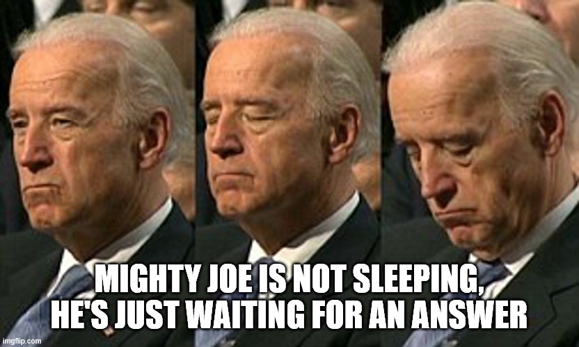 Joe Biden sleeping | MIGHTY JOE IS NOT SLEEPING, HE'S JUST WAITING FOR AN ANSWER | image tagged in joe biden sleeping | made w/ Imgflip meme maker