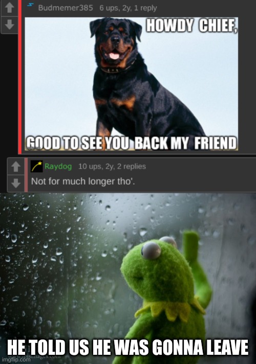 Raydog lore | HE TOLD US HE WAS GONNA LEAVE | image tagged in kermit window,memes,funny,gifs | made w/ Imgflip meme maker