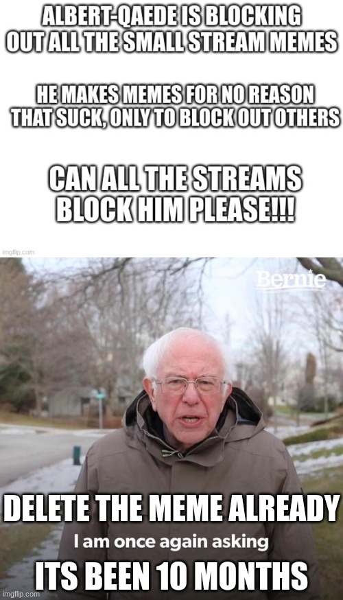 thatdumbshityeetman mentioned me in a meme 10 months ago https://imgflip.com/i/675f0o | DELETE THE MEME ALREADY; ITS BEEN 10 MONTHS | image tagged in memes,bernie i am once again asking for your support,blank white template | made w/ Imgflip meme maker