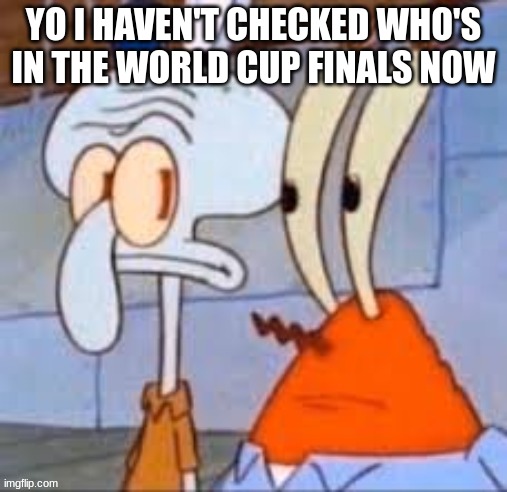 whos in the finals? | YO I HAVEN'T CHECKED WHO'S IN THE WORLD CUP FINALS NOW | image tagged in wtf | made w/ Imgflip meme maker