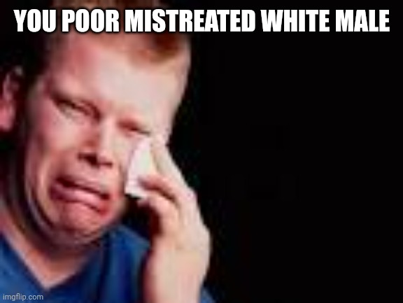 man crying | YOU POOR MISTREATED WHITE MALE | image tagged in man crying | made w/ Imgflip meme maker